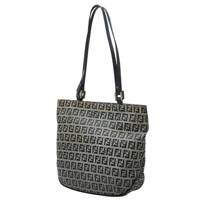 Fendi Zucchino Tote Shoulder Bag Navy Gray Canvas Leather