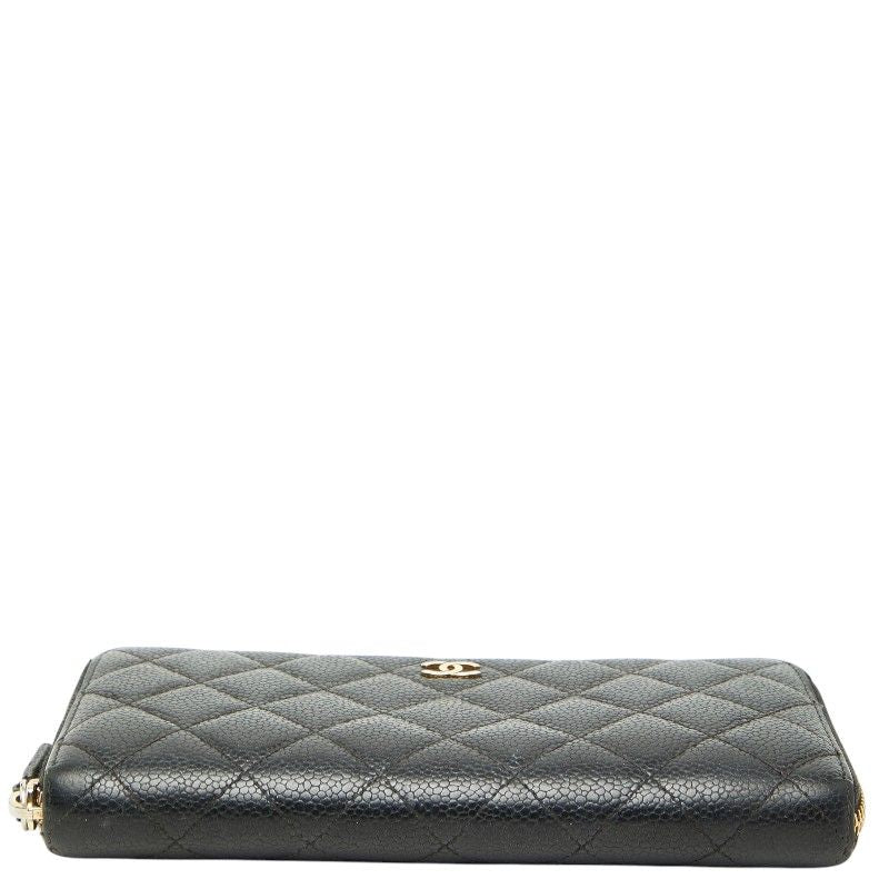 Chanel CC Logo Quilted Zip Around Wallet Black Caviar Leather