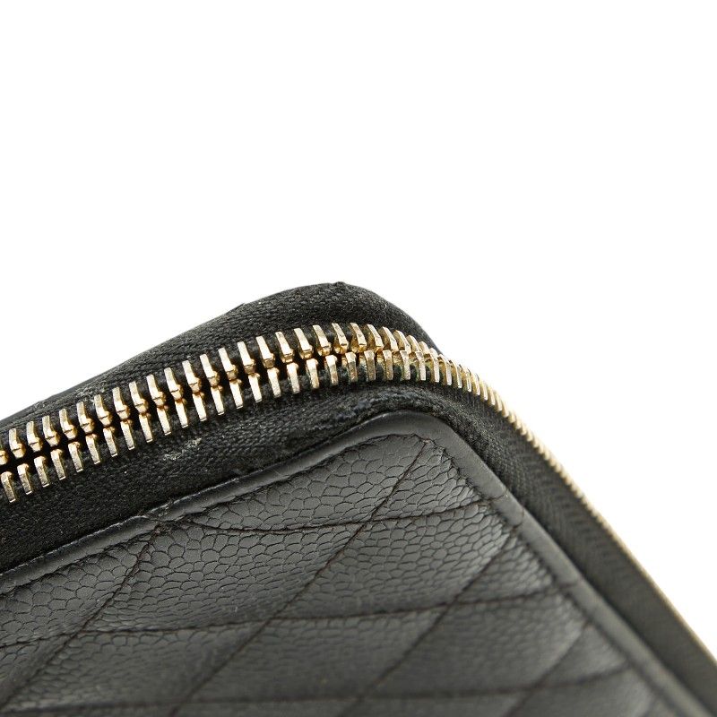 Chanel CC Logo Quilted Zip Around Wallet Black Caviar Leather