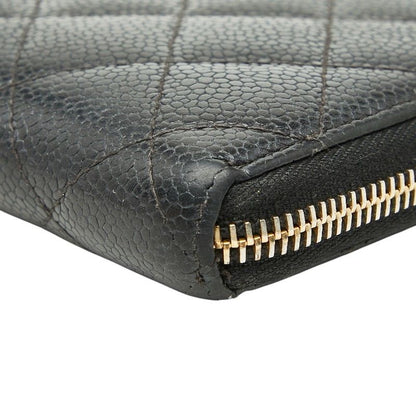 Chanel CC Logo Quilted Zip Around Wallet Black Caviar Leather