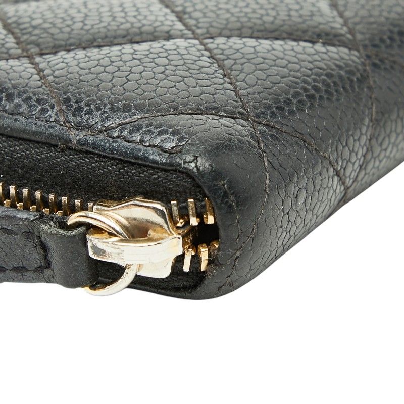Chanel CC Logo Quilted Zip Around Wallet Black Caviar Leather
