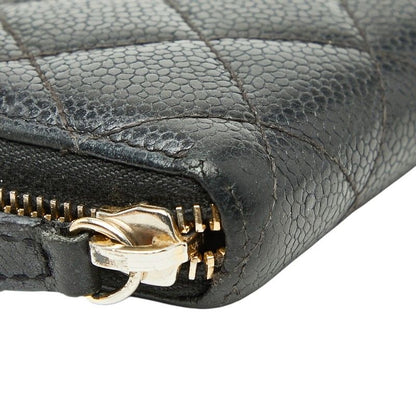 Chanel CC Logo Quilted Zip Around Wallet Black Caviar Leather