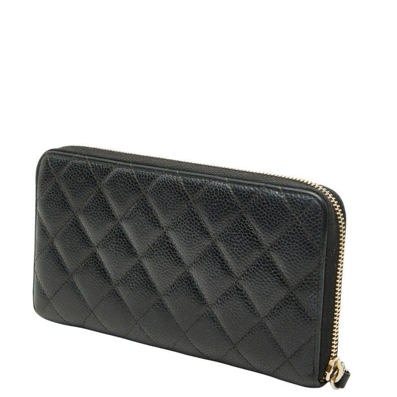 Chanel CC Logo Quilted Zip Around Wallet Black Caviar Leather