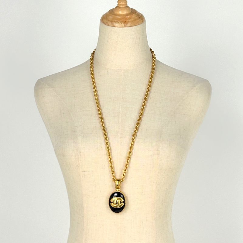 Chanel CC Logo Chain Necklace Long Color Stone Gold Plated Black