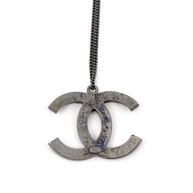 Chanel CC Logo Rhinestone Necklace Silver Plated