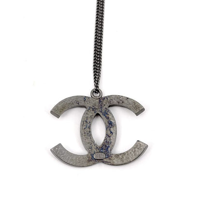 Chanel CC Logo Rhinestone Necklace Silver Plated