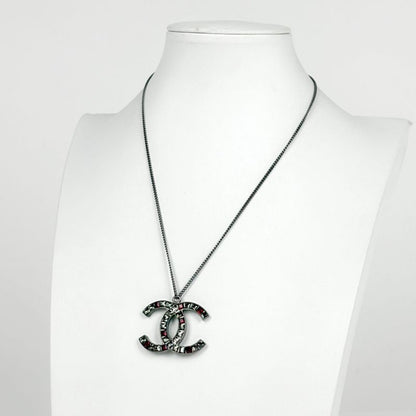 Chanel CC Logo Rhinestone Necklace Silver Plated