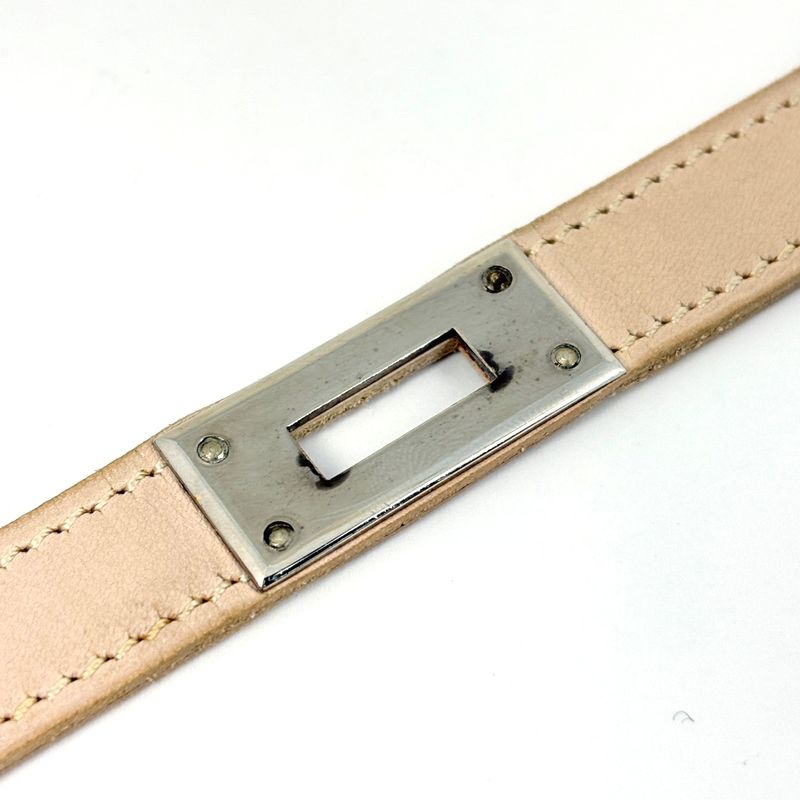 Hermes Kelly Choker Necklace Leather Metal Beige Silver