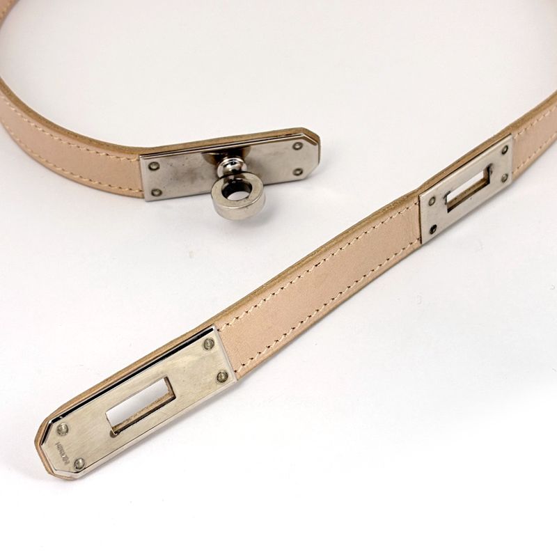 Hermes Kelly Choker Necklace Leather Metal Beige Silver