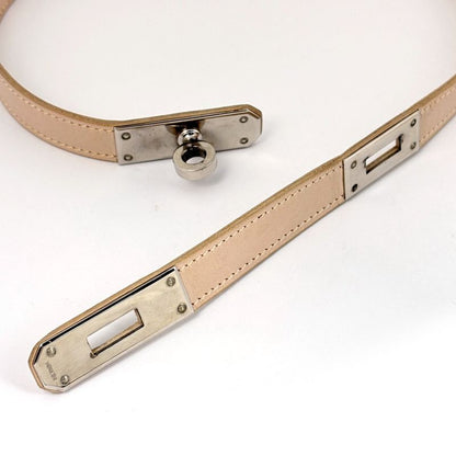 Hermes Kelly Choker Necklace Leather Metal Beige Silver