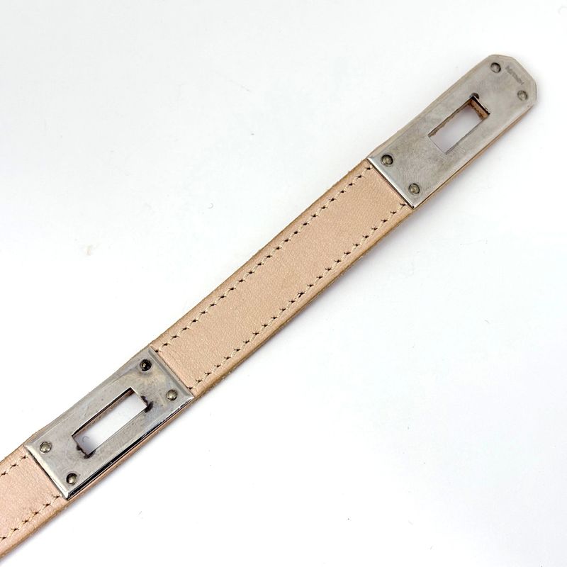 Hermes Kelly Choker Necklace Leather Metal Beige Silver