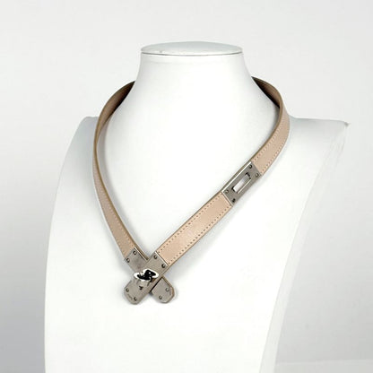 Hermes Kelly Choker Necklace Leather Metal Beige Silver