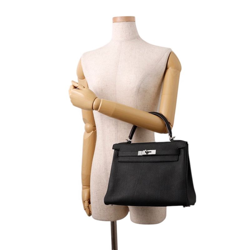 Hermes Handbag Kelly 28 Inner Sewing Black Silver Togo 2-Way