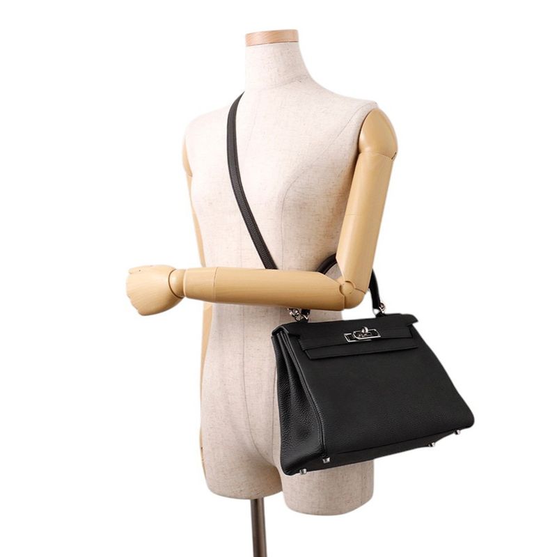Hermes Handbag Kelly 28 Inner Sewing Black Silver Togo 2-Way