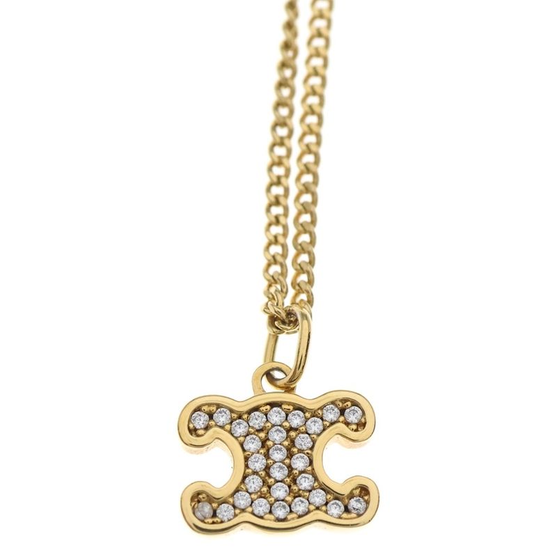 Celine Triomphe Rhinestone Necklace Gold Pendant