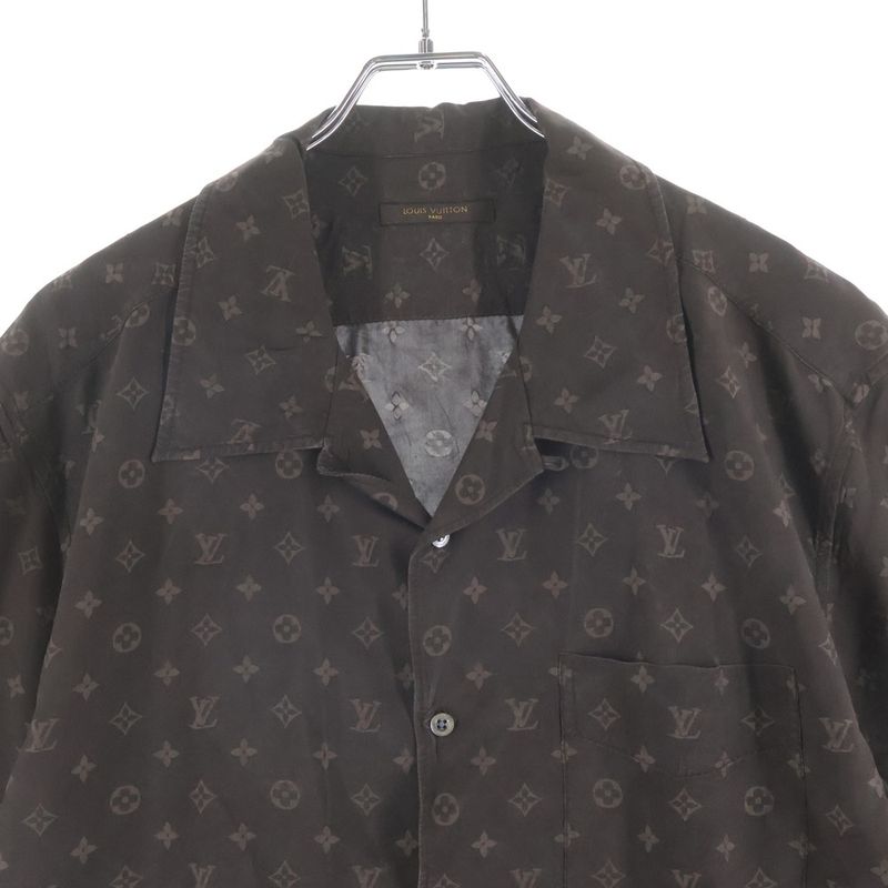 Louis Vuitton Monogram All Over Silk Open Collar Short Sleeve Shirt Brown