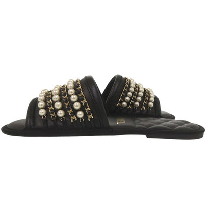 Chanel CC Logo Flat Sandals with Chain XS Gold Leather