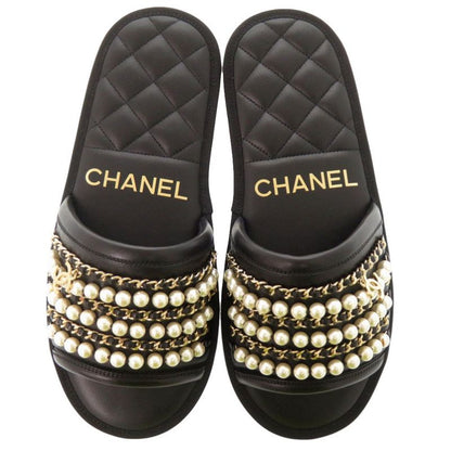 Chanel CC Logo Flat Sandals with Chain XS Gold Leather