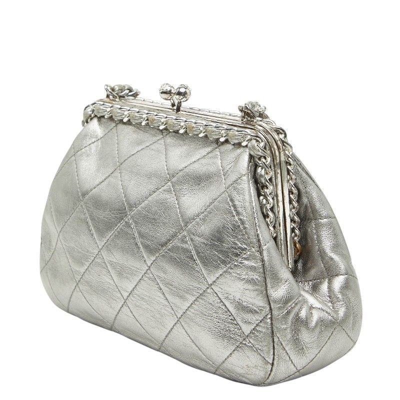 Chanel CC Logo Quilted Chain Shoulder Bag Silver Lambskin