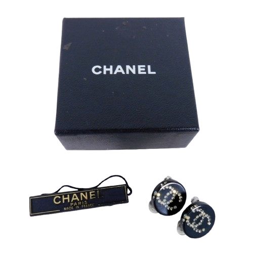 Chanel Earrings CC Logo Rhinestone Black