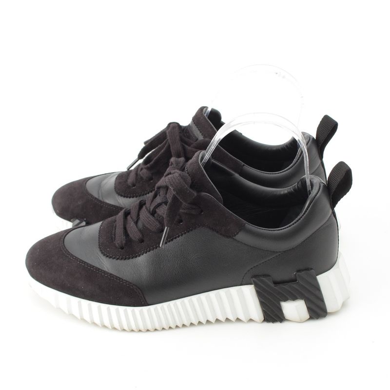 Hermes Leather Bouncing Sneakers Shoes Black White 37