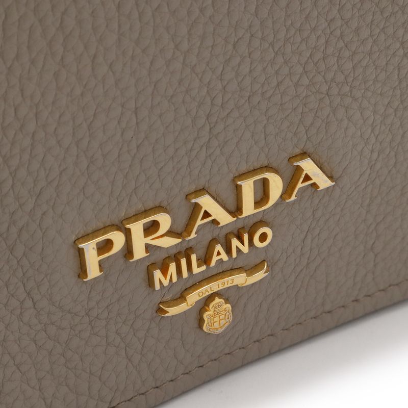 Prada Pochette Shoulder Bag Flap Crossbody Leather Grey Gold Greige