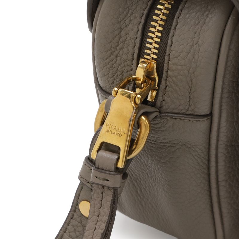 Prada Pochette Shoulder Bag Flap Crossbody Leather Grey Gold Greige