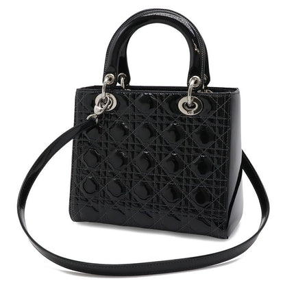 Dior Cannage Tote 2-Way Shoulder Bag Patent Leather Black Pink Gray