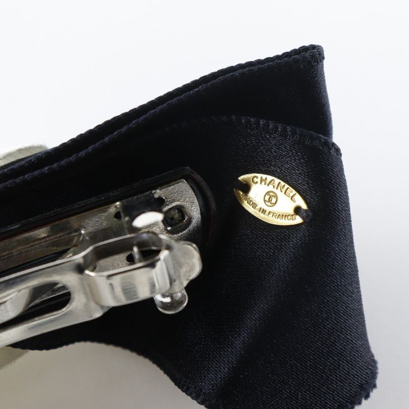 Chanel Camellia Ribbon Satin Black White Barrette