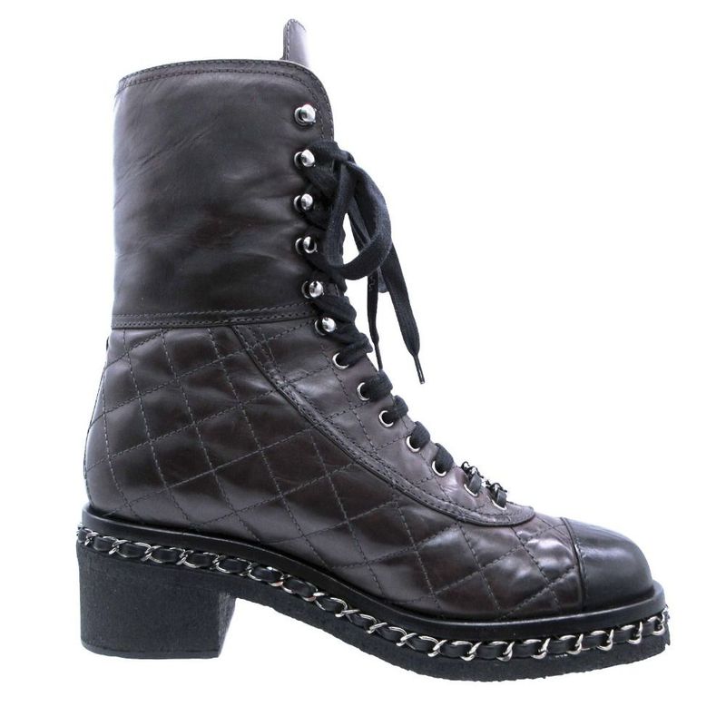 Chanel Boots Combat Lace Up Quilted Leather Chain Decoration Cap Toe 38