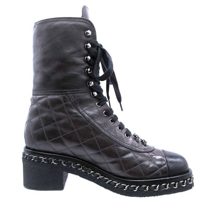 Chanel Boots Combat Lace Up Quilted Leather Chain Decoration Cap Toe 38