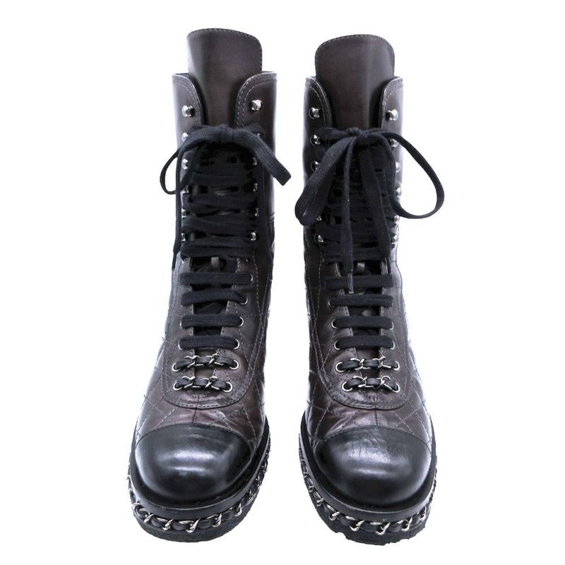 Chanel Boots Combat Lace Up Quilted Leather Chain Decoration Cap Toe 38