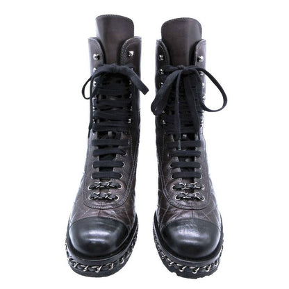 Chanel Boots Combat Lace Up Quilted Leather Chain Decoration Cap Toe 38