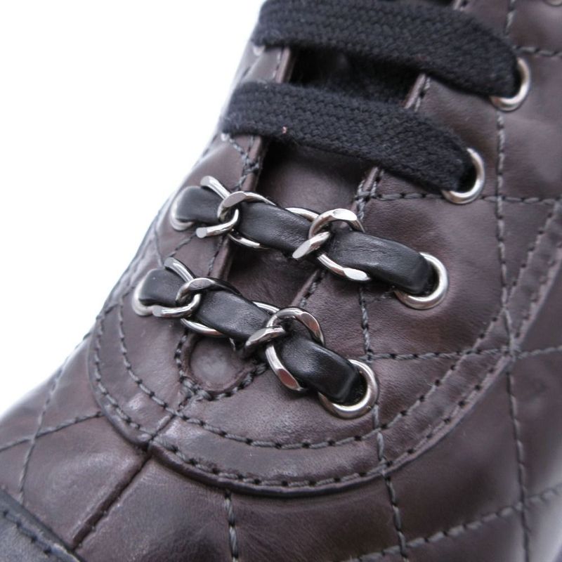 Chanel Boots Combat Lace Up Quilted Leather Chain Decoration Cap Toe 38