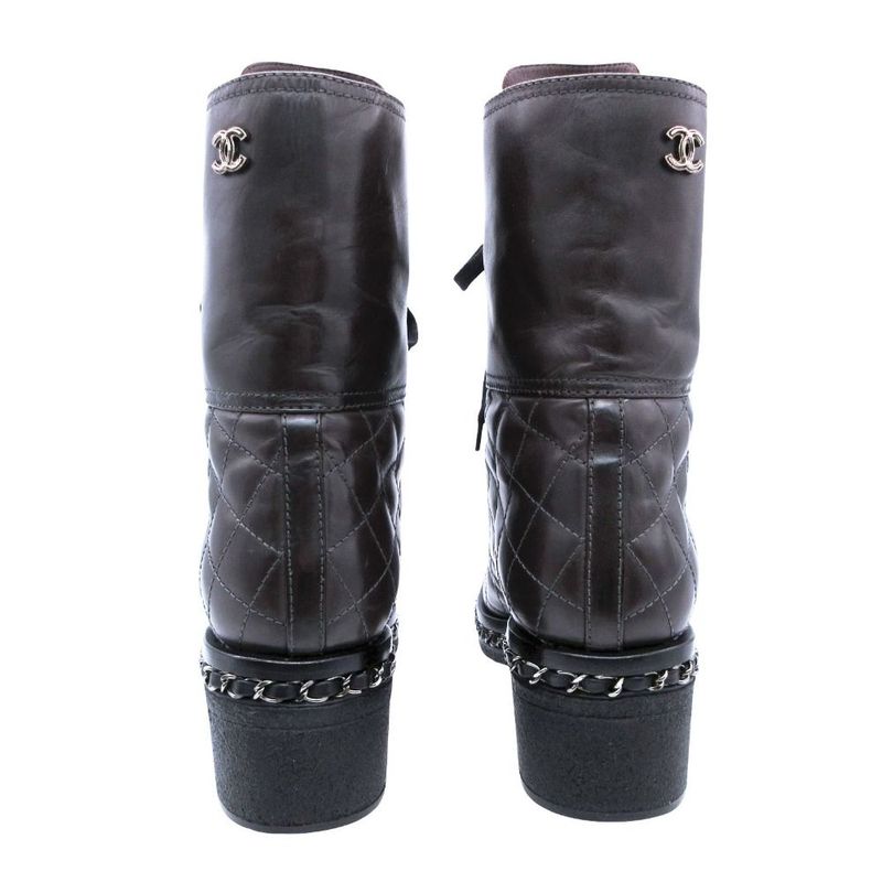 Chanel Boots Combat Lace Up Quilted Leather Chain Decoration Cap Toe 38