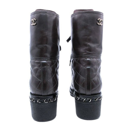 Chanel Boots Combat Lace Up Quilted Leather Chain Decoration Cap Toe 38