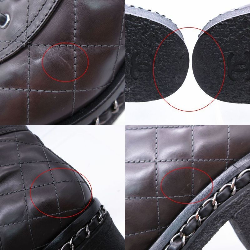 Chanel Boots Combat Lace Up Quilted Leather Chain Decoration Cap Toe 38