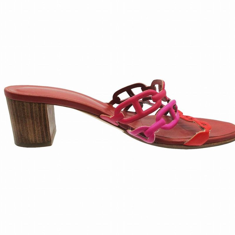 Hermes Chaine D'ancre Chunky Heel Sandals Shoes Red Purple 37.5