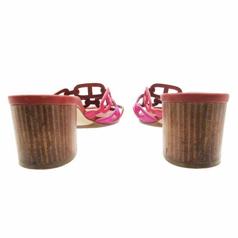 Hermes Chaine D'ancre Chunky Heel Sandals Shoes Red Purple 37.5