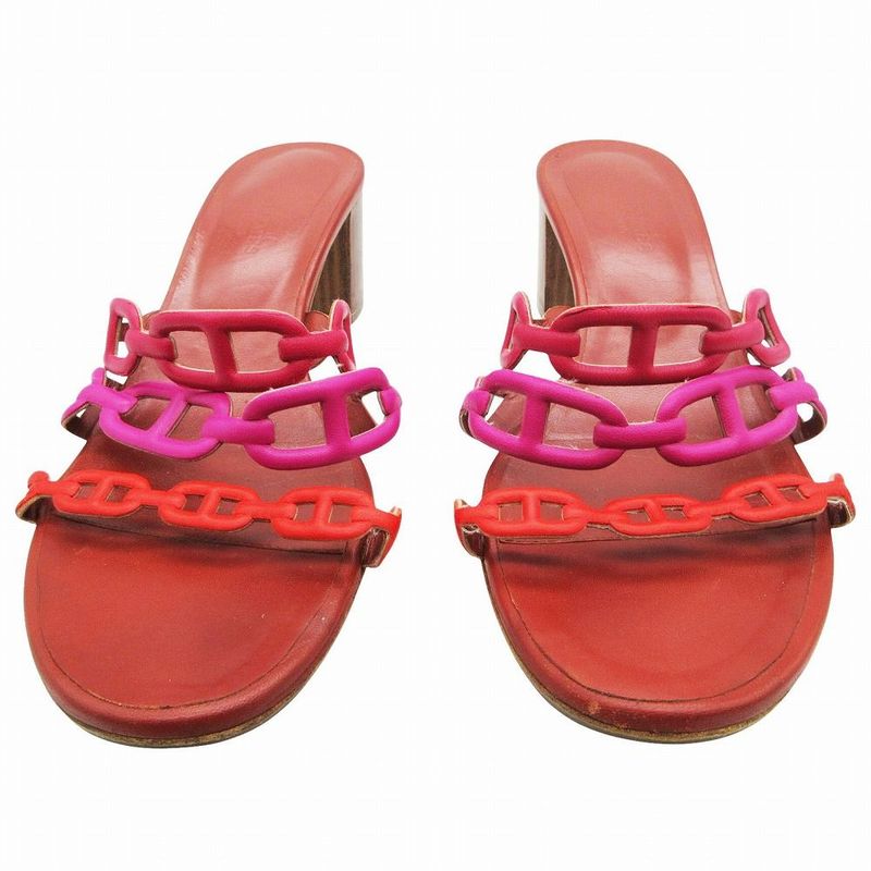 Hermes Chaine D'ancre Chunky Heel Sandals Shoes Red Purple 37.5