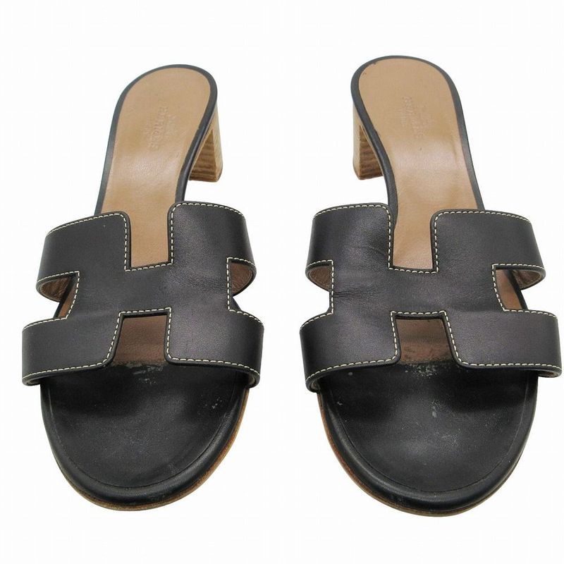 Hermes Oasis Open Toe Sandals Shoes Black 37