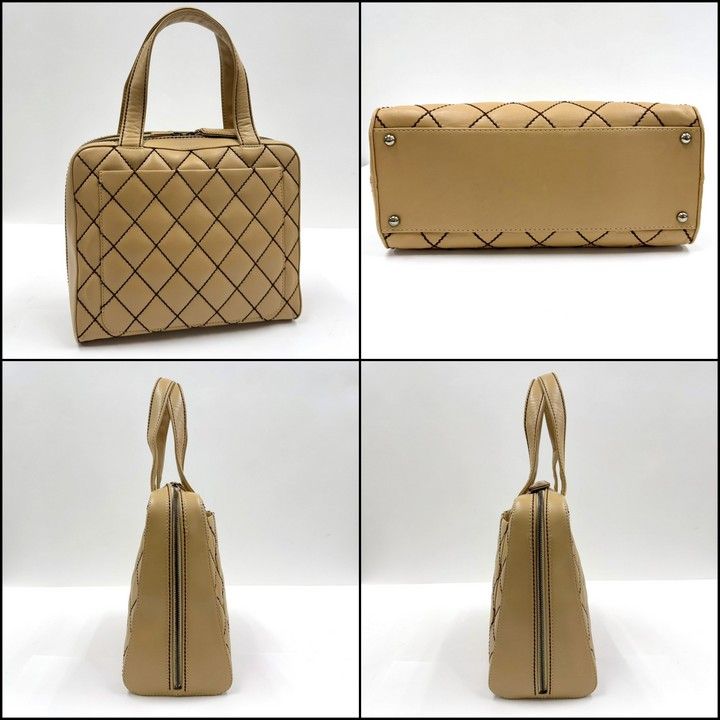 Chanel Shoulder Bag Wild Stitch Beige Brown Leather Gold Stitching