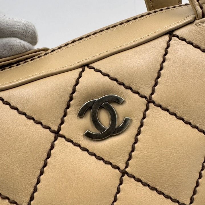 Chanel Shoulder Bag Wild Stitch Beige Brown Leather Gold Stitching