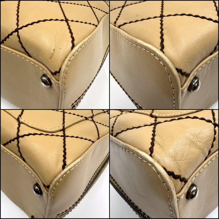 Chanel Shoulder Bag Wild Stitch Beige Brown Leather Gold Stitching