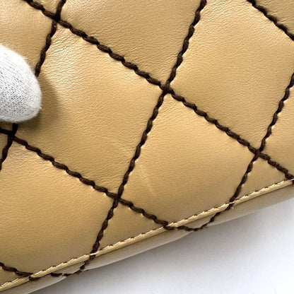 Chanel Shoulder Bag Wild Stitch Beige Brown Leather Gold Stitching