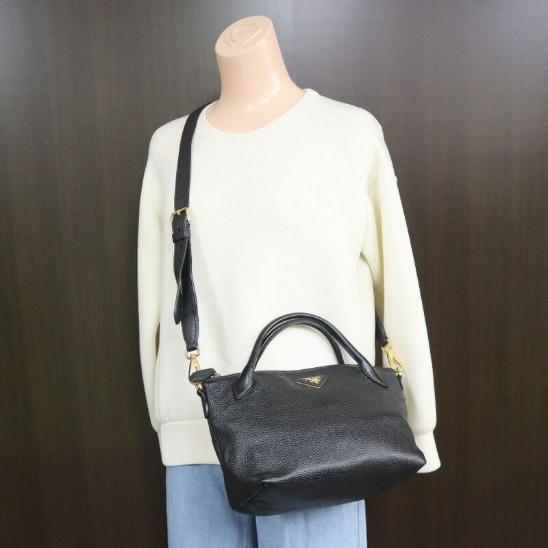 Prada 2-Way Shoulder Bag Leather Black Gold