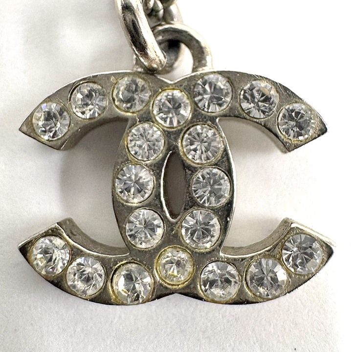 Chanel Necklace CC Logo Rhinestone Silver 