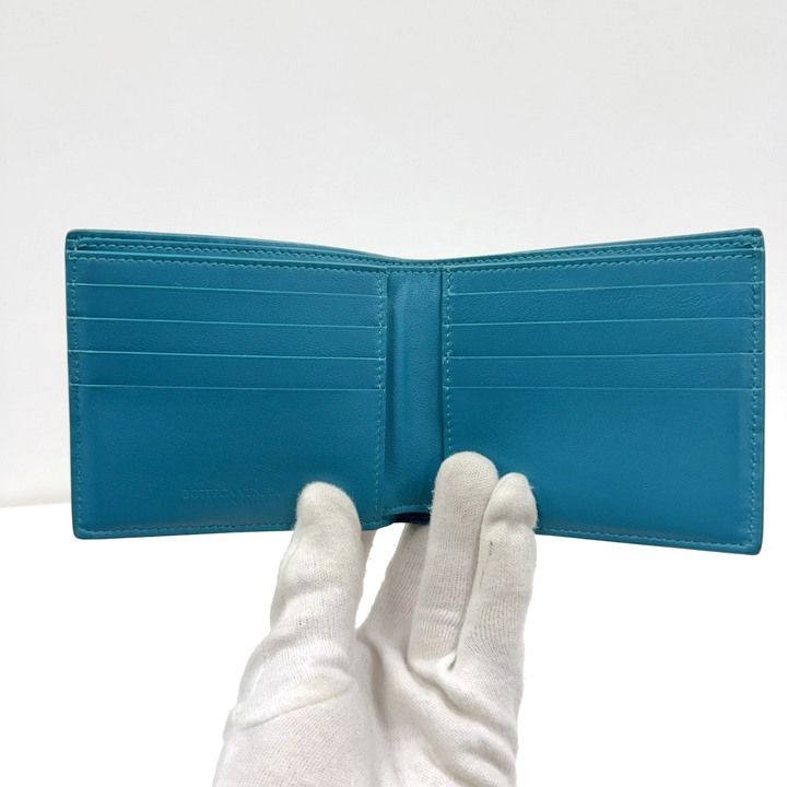 Bottega Veneta Debossed Intrecciato Bifold Billfold Turquoise Blue