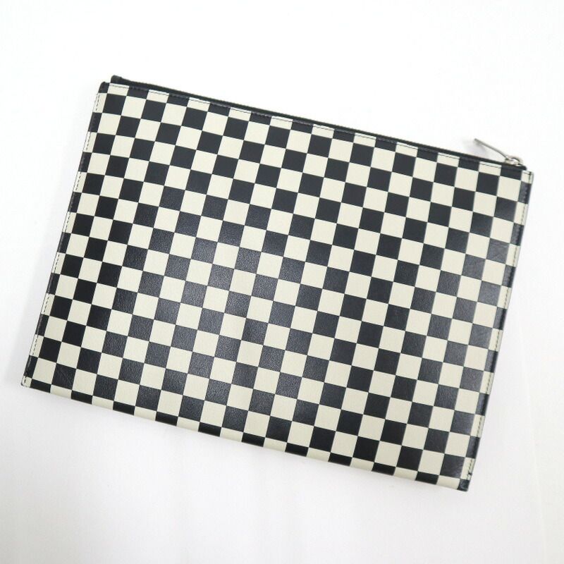 Saint Laurent Mini Zip Tablet Sleeve Block Check Leather Black White