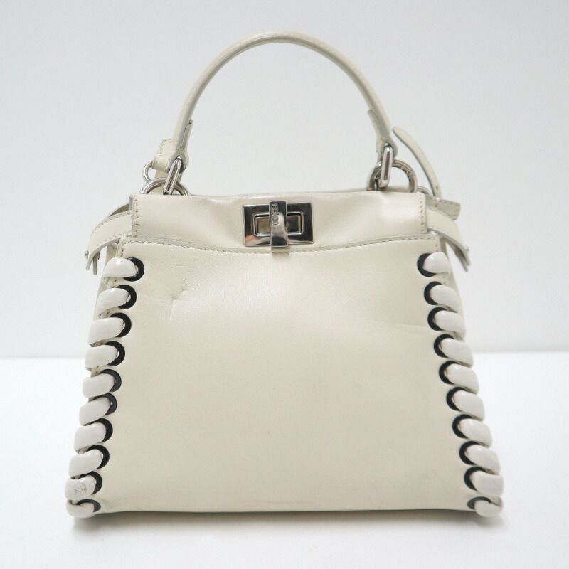 Fendi Peekaboo Mini 2-Way Shoulder Bag White Silver Leather